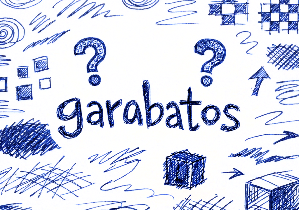 Garabatos en papel con dibujos espontáneos, lineas, circulos, cuadrados y signos de interrogación, ejemplo.