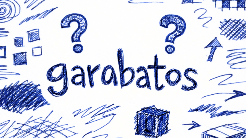 Garabatos en papel con dibujos espontáneos, lineas, circulos, cuadrados y signos de interrogación, ejemplo.